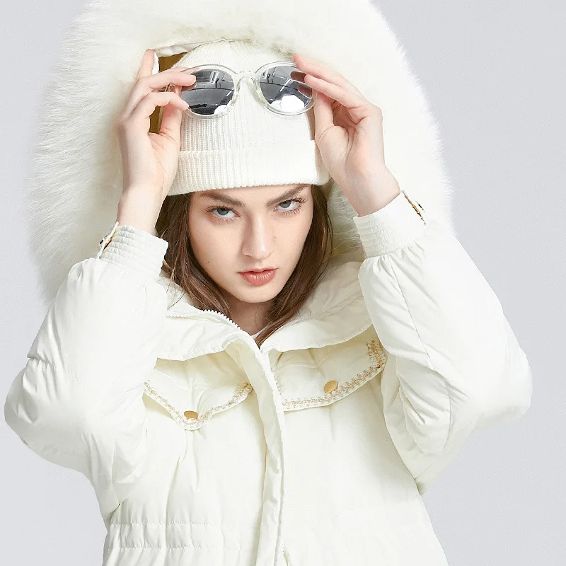 

Fox Fur Collar Anti-cold Tie Waist Slimming Down Warm Down Jacket Long Female Winter Puffer Jacket Coat