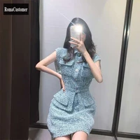 korean france style sets womens spring new tweed knitted skirt slim sleeveless elegant single breasted jackets two piece set