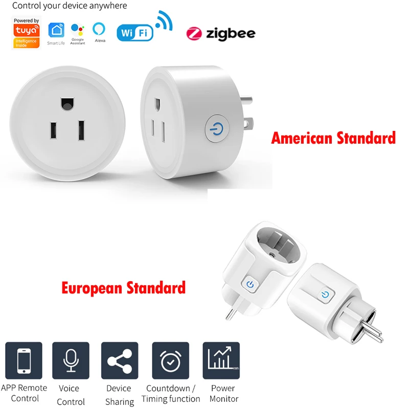 

10A16A Tuya Zigbee Smart Wifi Plug EU US App Control Socket Outlet with Energy Monitering Power Display Timer Function