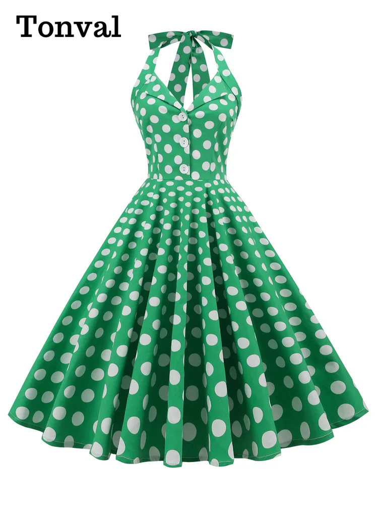 Tonval Green Halter Neck Button anni '50 Vintage Rockabilly Swing Dress con tasche Backless Party Sexy Women Polka Dot Dresses