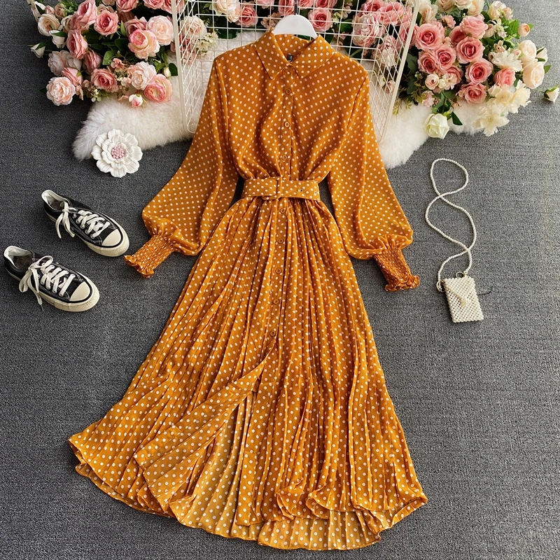 

Polka-dot Chiffon Shirt Collar Gentle Atmosphere Waist Large Pleated Dress