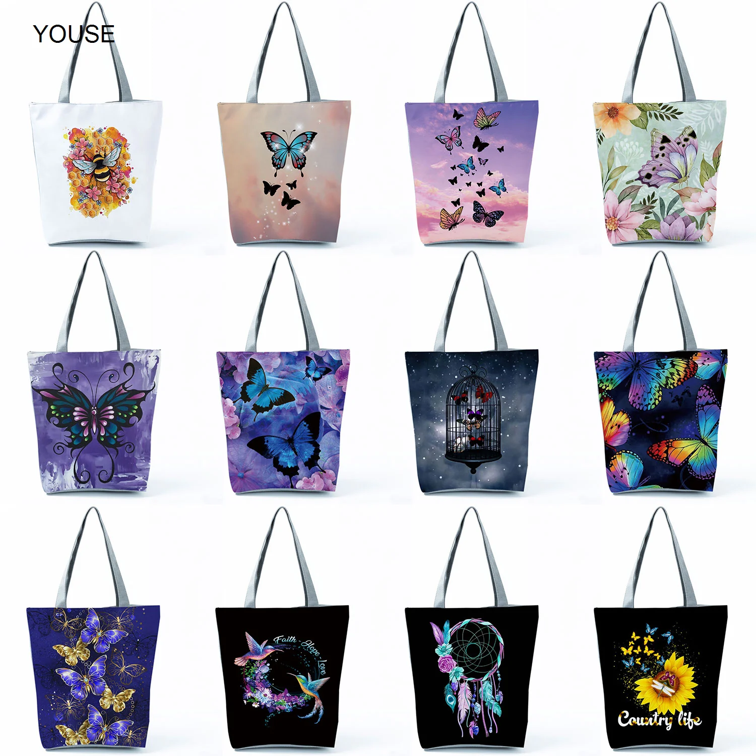 

YOUSE Fashion New Trend Beautiful Butterfly Handbag for Women Comics Retro Beach Shoulder Bag Reusable Storage Shopping Bag