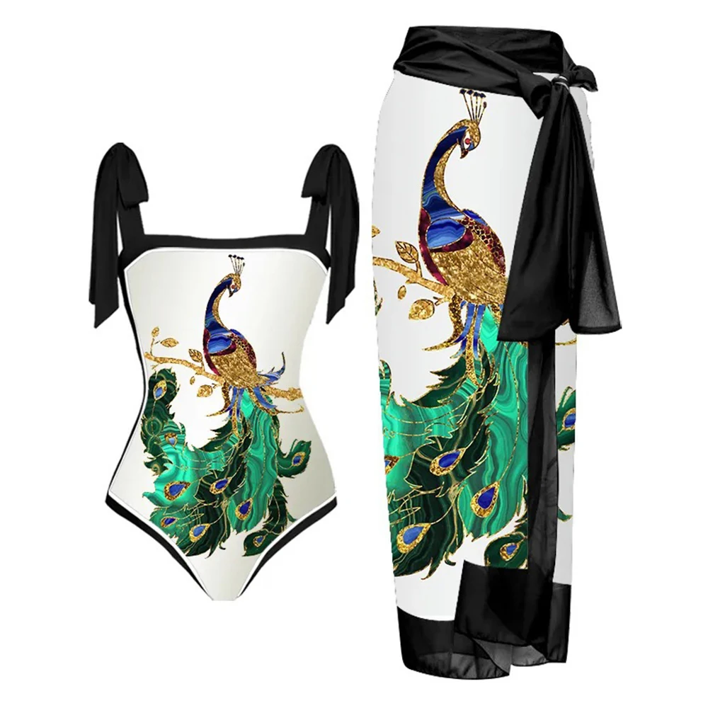 

Women Swimsuits Peacock Perching on a Golden Branch Pattern Design One-piece Swimsuit Set, with Matching Printed Cover-up