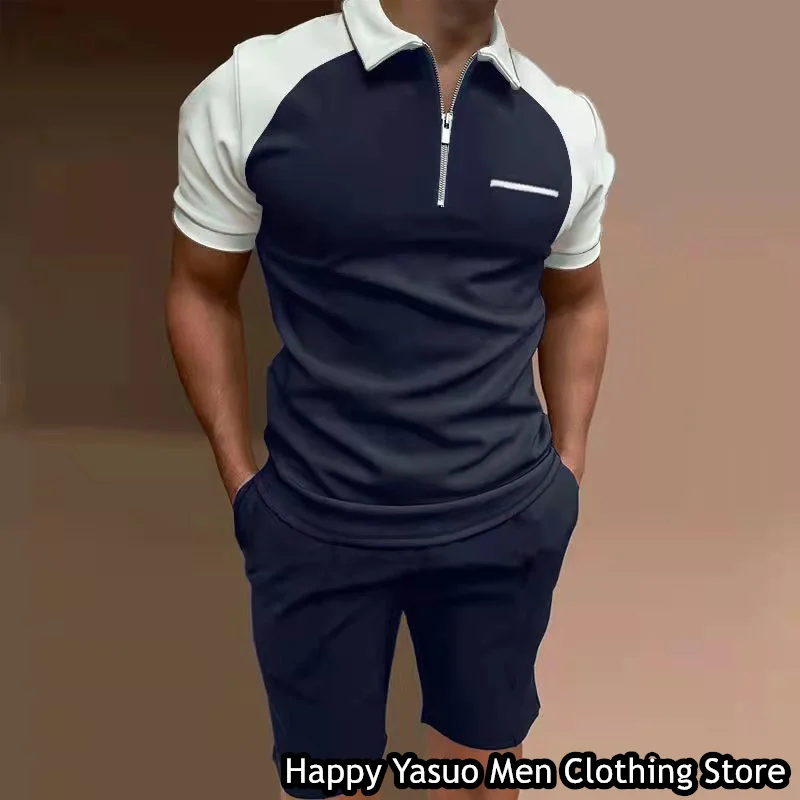 Summer Men Fashion Polo Shirt Set Man Turn Down Collar 3D Printed Solid Color Outfit Male 2 Pieces Tracksuit  Casual Clothing