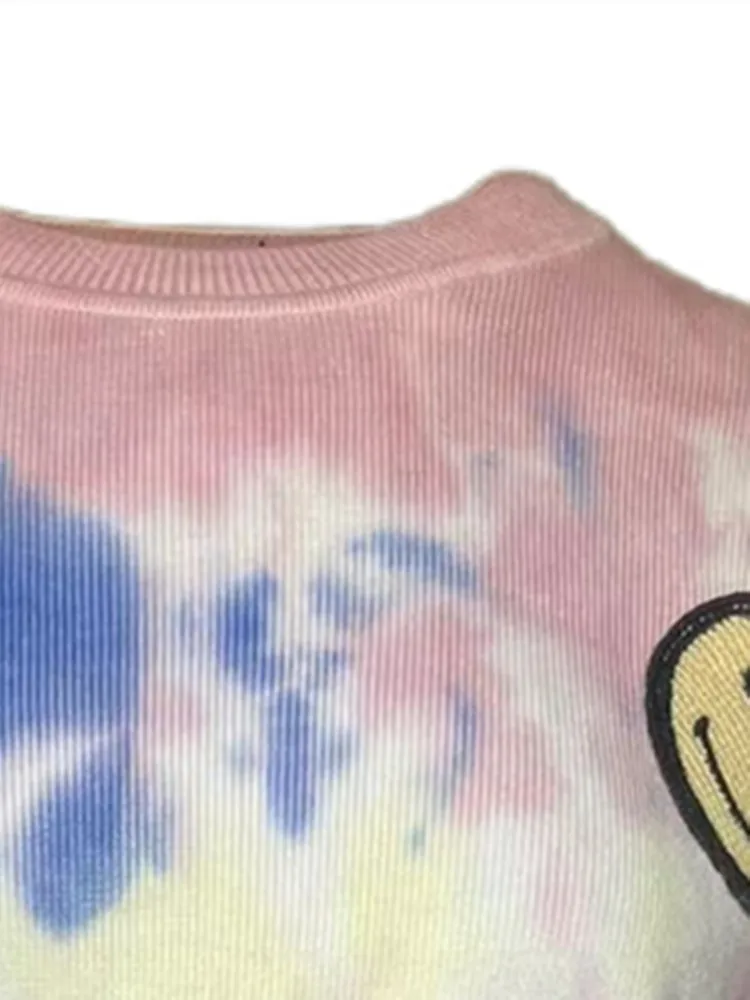 

Women Sweater O-neck Embroidery Tie-dye Printed Long Sleeve Slim Fit Pullover Jumper Knitted Vintage Top