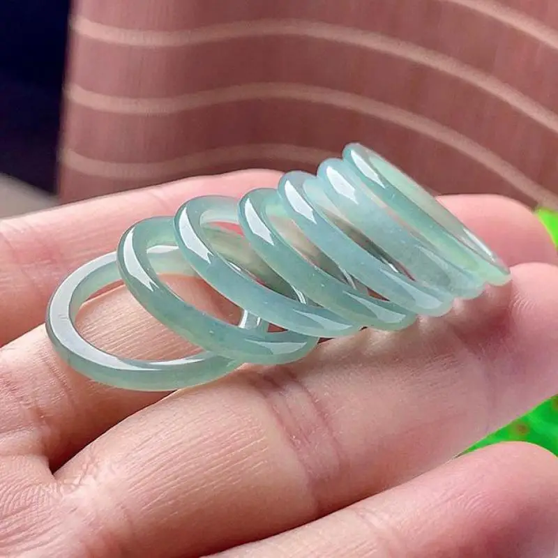 

High Ice Grade A Blue Water Jade Rings Men Women Fine Jewelry Accessories Genuine Myanmar Jadeite Natural Stone Jades Band Ring