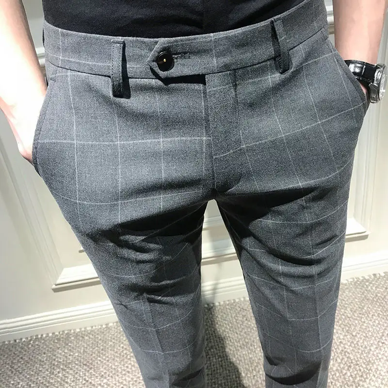 

Men Fashion Plaid Suit Pant Elegant Slim Fit Social Trousers Pants High Quality Men Business Office Party Dress Ankle Pants H195