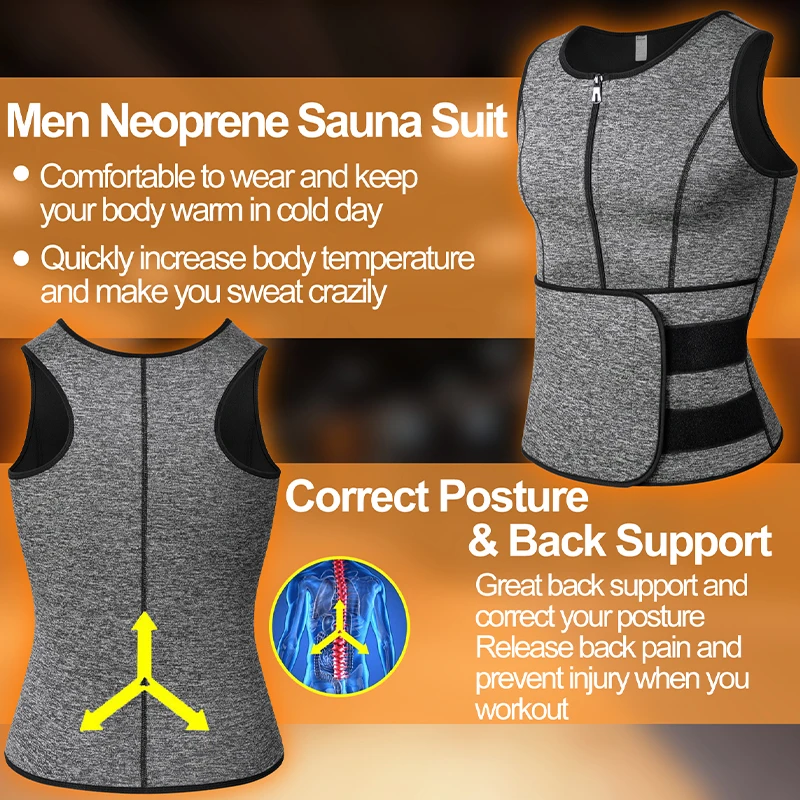 Men Neoprene Sauna Sweat Vest Waist Trainer Corset Body Shaper Zipper Slimming Tank Top Fat Burner Workout Weight Loss Shapewear