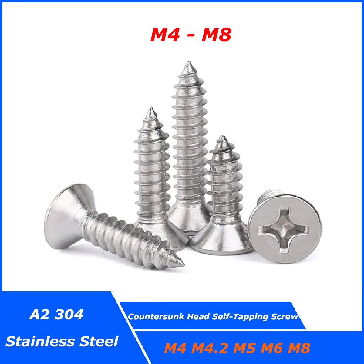 

2~10pcs A2 304 Stainless Steel Cross Phillips Flat Countersunk Head Self Tapping Screw Wood Screws M4 M4.2 M5 M6 M8