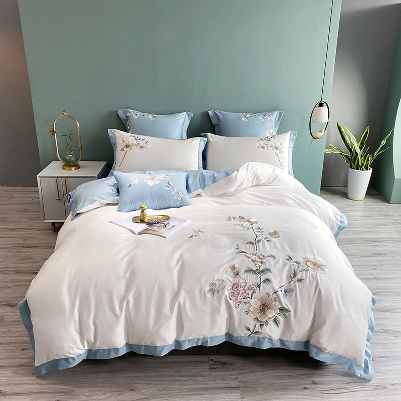 

Luxury 600TC Egyptian Cotton Pastoral style Flowers Birds Embroidery Bedding Set Duvet Cover Bed Sheet Pillowcases Home Textiles