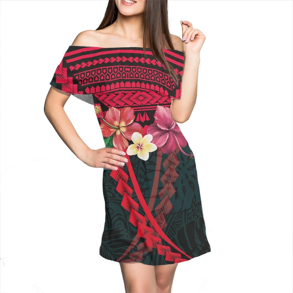 

Polynesian Traditional Hibiscus Flower Print New Arrival 7XL Dress High Quality Ruffle Casual Off Shoulder Dresses