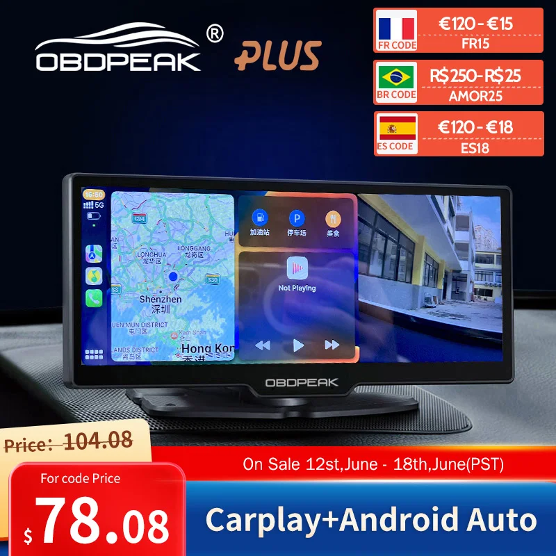 OBDPEAK K2 10.26 Inch Car DVR 4K 3840*2160P GPS Carplay&Android Auto Dash Cam Dashboard GPS Navigation 5G WIFI Driving Recorder