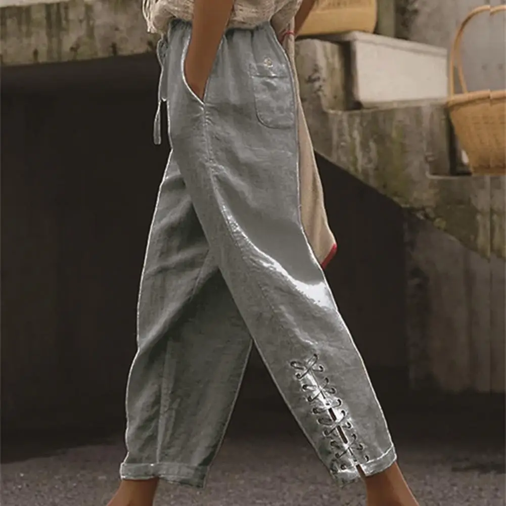 

Women Trousers Mid-rise Elastic Waistband Casual Pants Drawstring Pockets Bandage Cuffs Summer Solid Color Women Pants