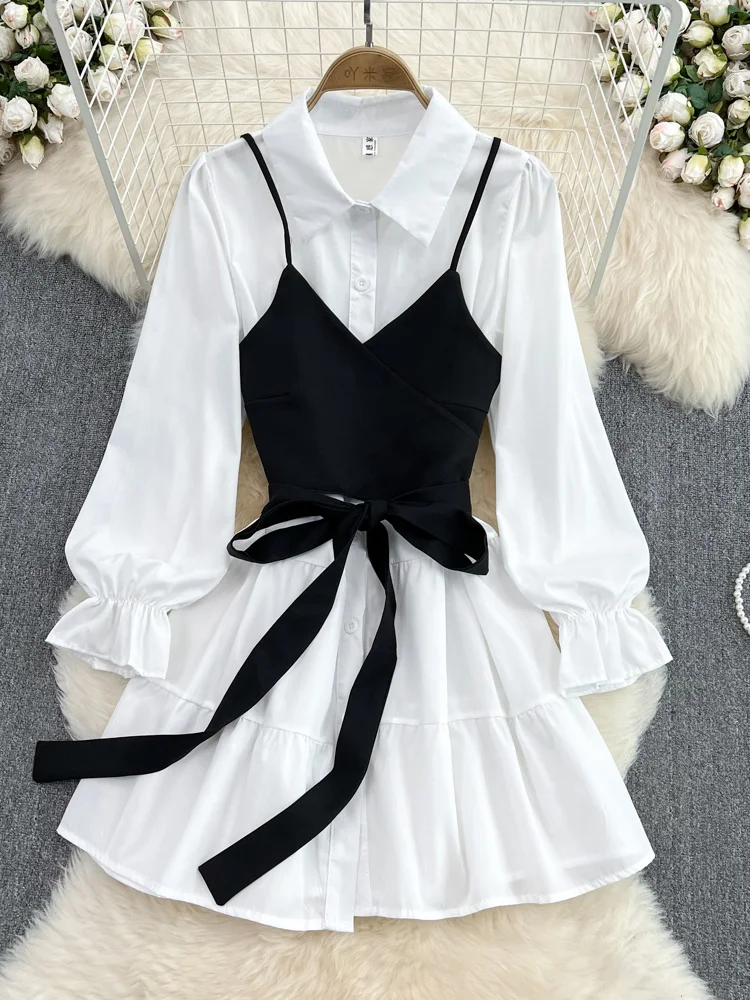 

2022 New Spring Autumn New Fashion Casual Suit Female Korean Loose White Shirt Dress Slim Vest Dress Two-piece Set GD786
