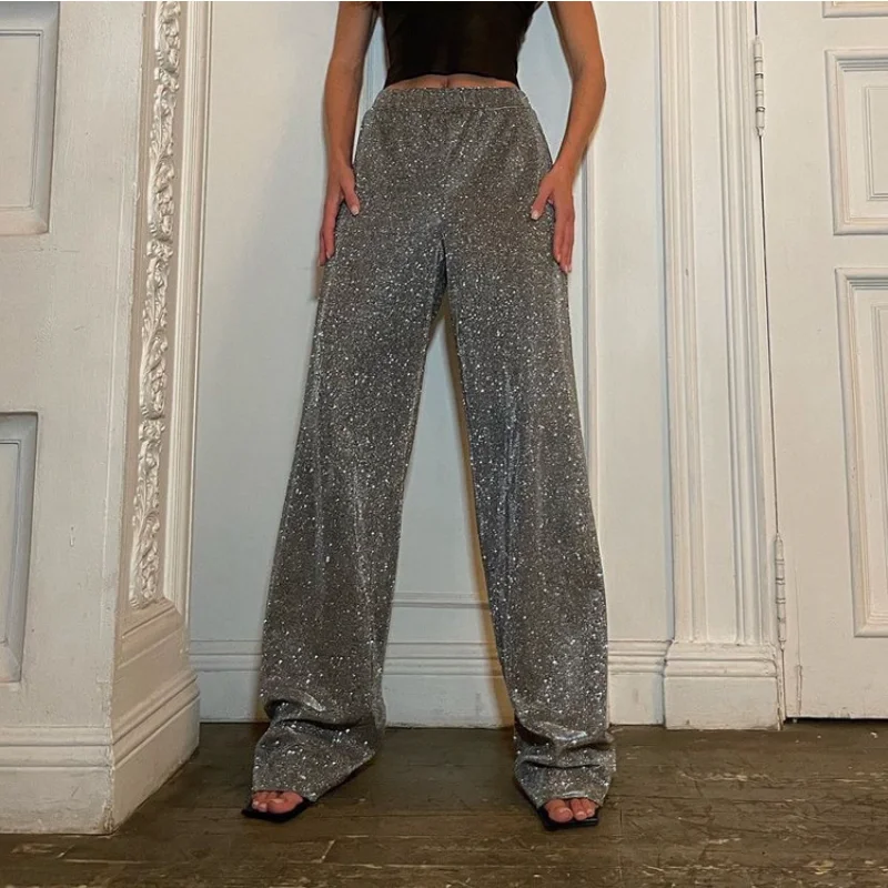 

Bright Silk Women's Wide Leg Pants Loose High Waist Casual Trousers Woman Style Solid Streetware Hot Praty Nightclub 2023 Spring
