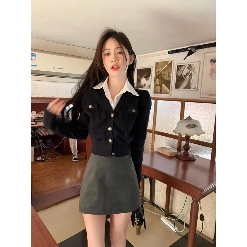 

Vintage Cardigan Women Y2k Autumn Winter Sweater Jackets Pullover Female Fake Two-piece Design Harajuku Slim Knitted Coats Femme