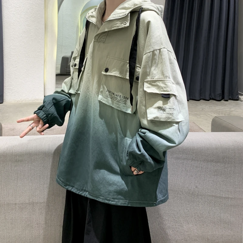 

YASUGUOJI New 2022 Spring Streetwear Gradient Jacket Men Harajuku Japanese Fashion Contrast Color Hooded Mens Jacket Clothing