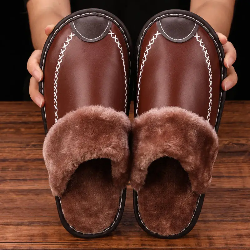 Waterproof Leather Slippers Men Cotton Shoes Home Slippers Soft Bottom Footwear Non-Slip Indoor Warm Plush Winter Women Slippers