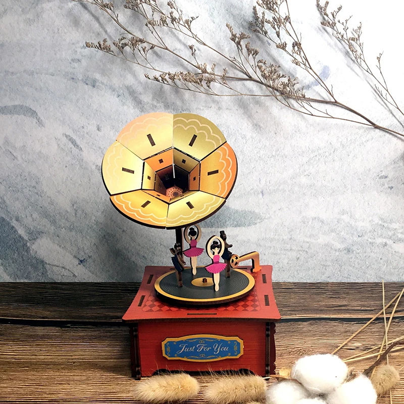 DIY 3D деревянная музыкальная шкатулка с фонографом наборы миниатюрных моделей