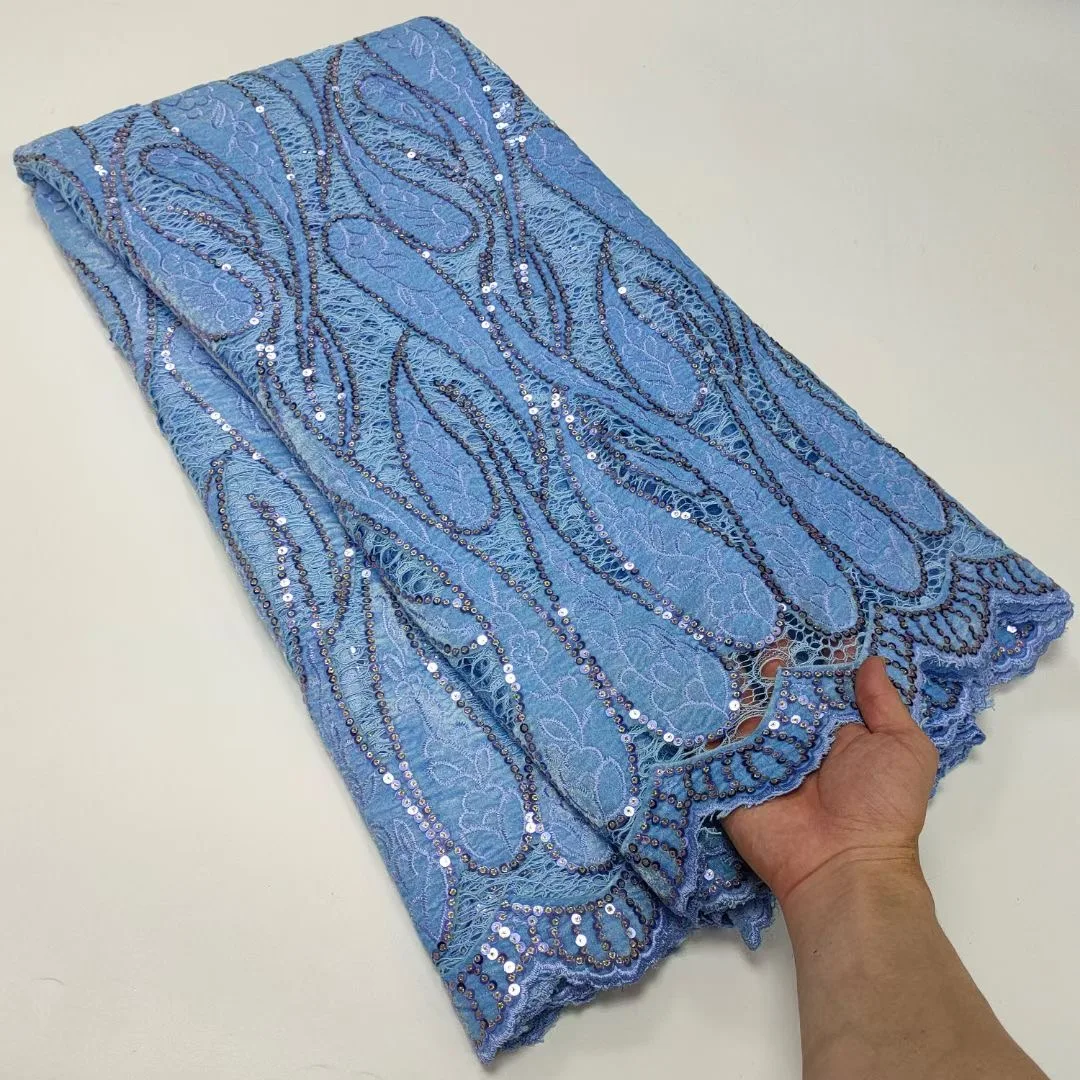 

African Hot Sale Sky Blue Velvet Punch Sequin Fabric 2022 Nigerian High Quality Cotton Fabric French For Bride Wedding Dress Sew