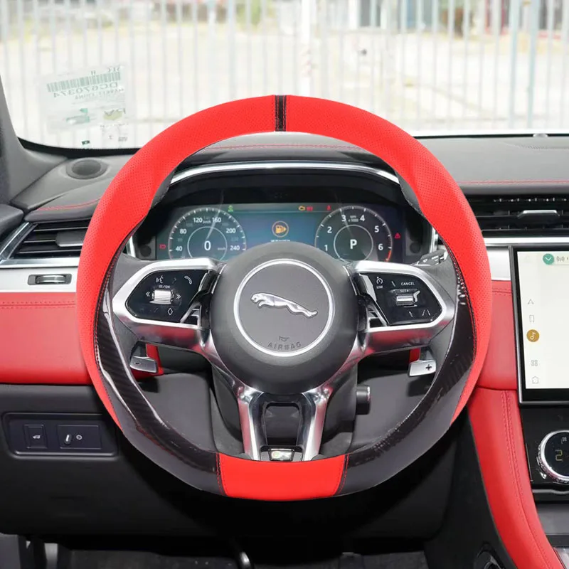 Фото Для Jaguar XF XJ-S XJ-6 X-Type XE F-PACE XK8 XK XKR XFR: Противоскользящий дышащий кожаный чехол на руль 38 см, автомобильные аксессуары №1