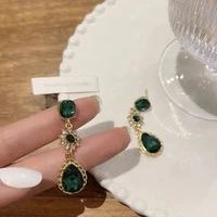 fashion vintage water drop diamond stud earrings for women girls aesthetic elegant emerald long earrings female charm jewelry