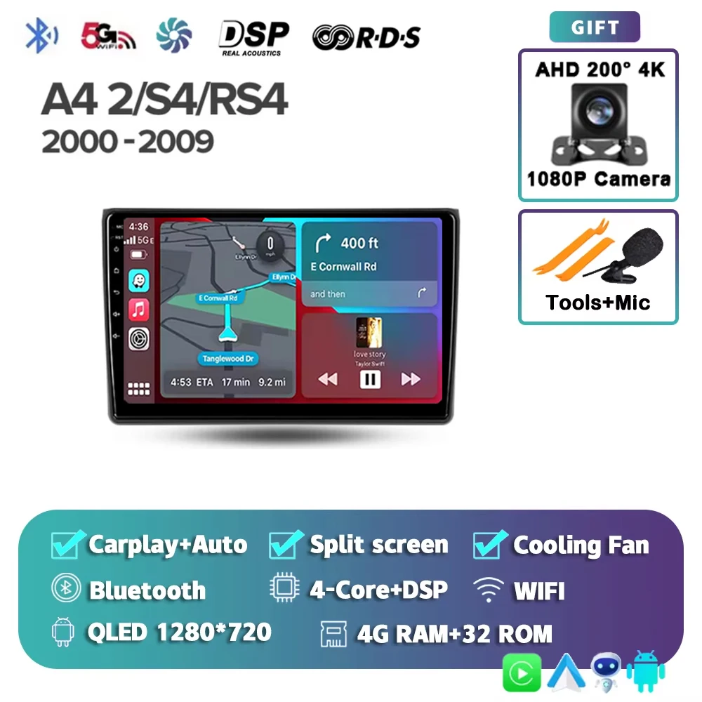Для Audi A4 II 2 B6 III 3 B7 2000-2009 2K 12+256 QLED Android 15 CarPlay Автомобильный радиоприемник Мультимедийный видеоплеер GPS стерео 4G WIFI
