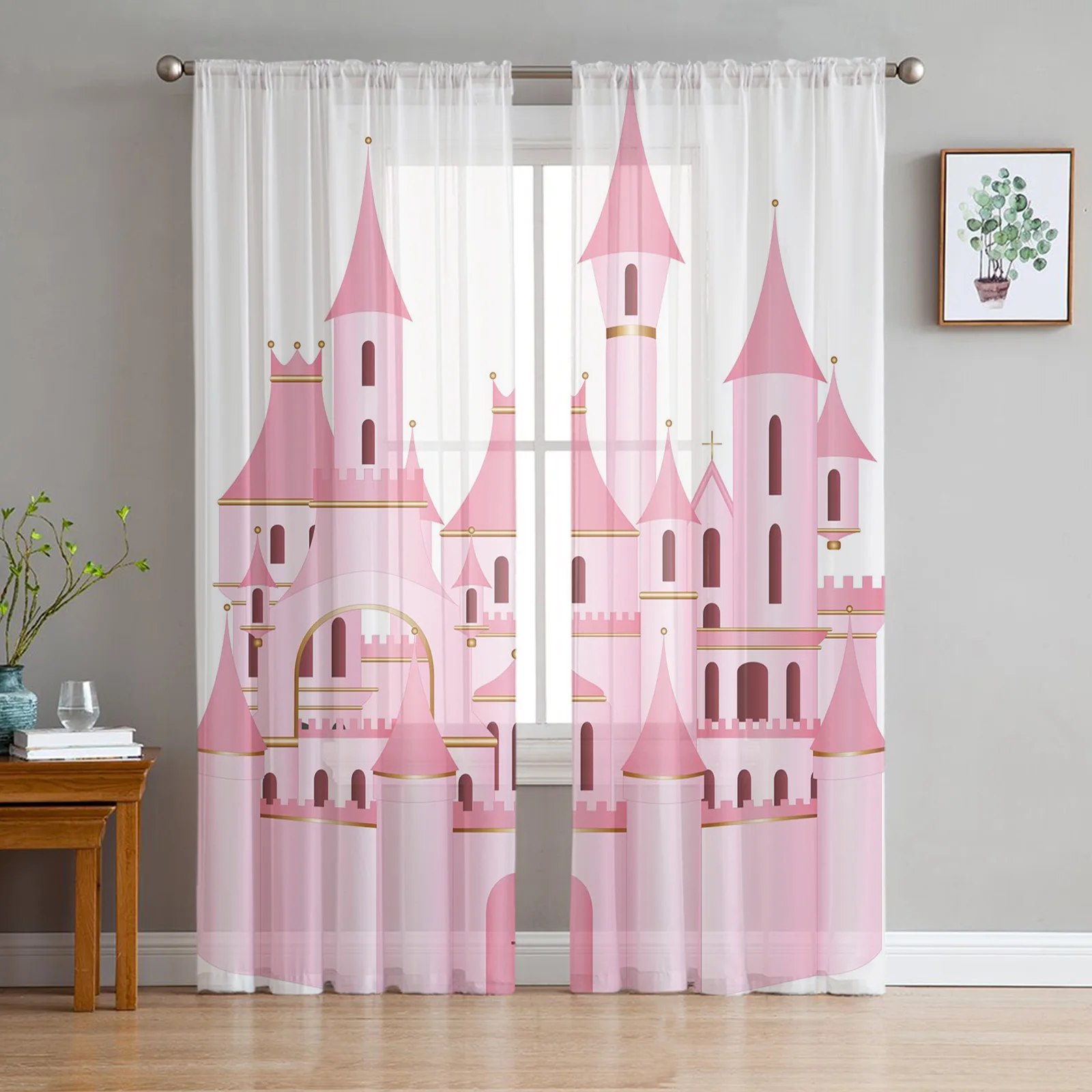 

Castle Pink Cartoon Living Room Tulle Curtains Bedroom Kitchen Decoration Voile Organza Curtains Modern Sheer Curtains