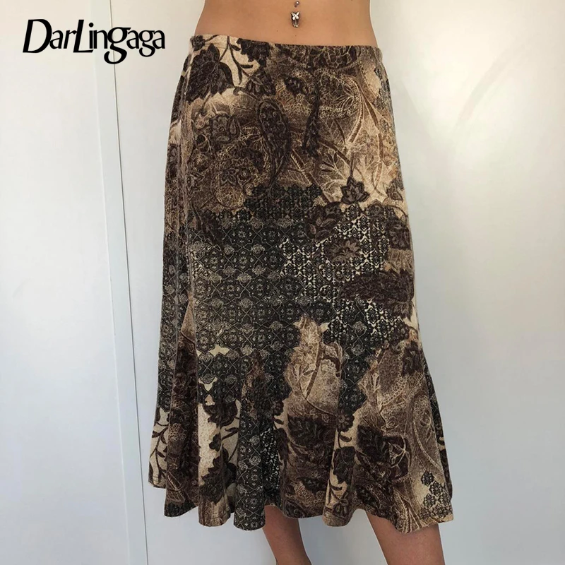 

Darlingaga Fairycore Graphic Flowers Printing Midi Skirt Female Y2K Aesthetic Chic Vintage Autumn Skirt Low Waisted 2000s Grunge