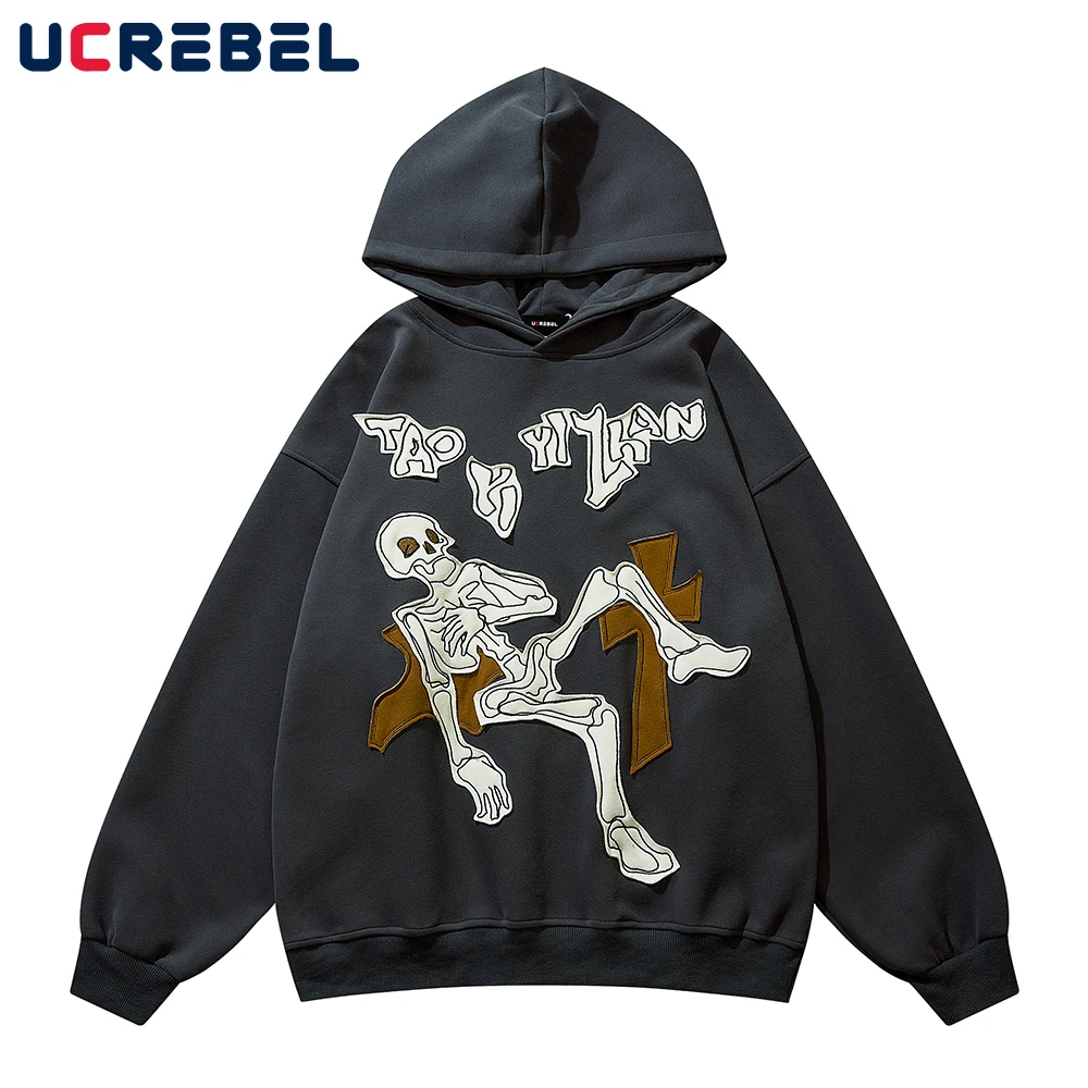 

Skeleton Patch Embroidery Hooded Sweatshirts Mens Casual Letter Retro Hoodies Autumn Winter Loose Long Sleeve Sports Pullover