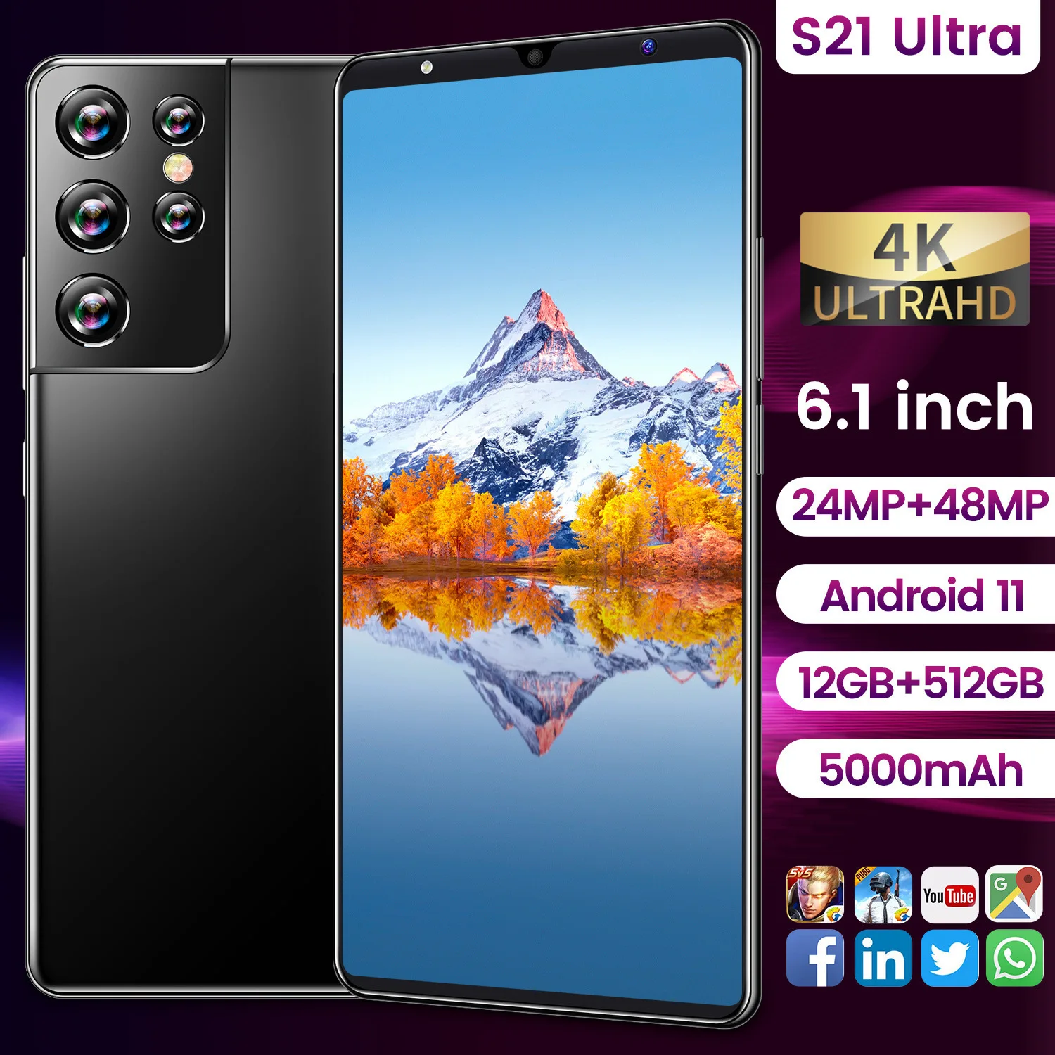 

Global Version S21 Ultra 6.1 Inch 12+512GB 5000mAh Android 11 Smartphone MTK6889 Face Fingerprint ID Cellphone