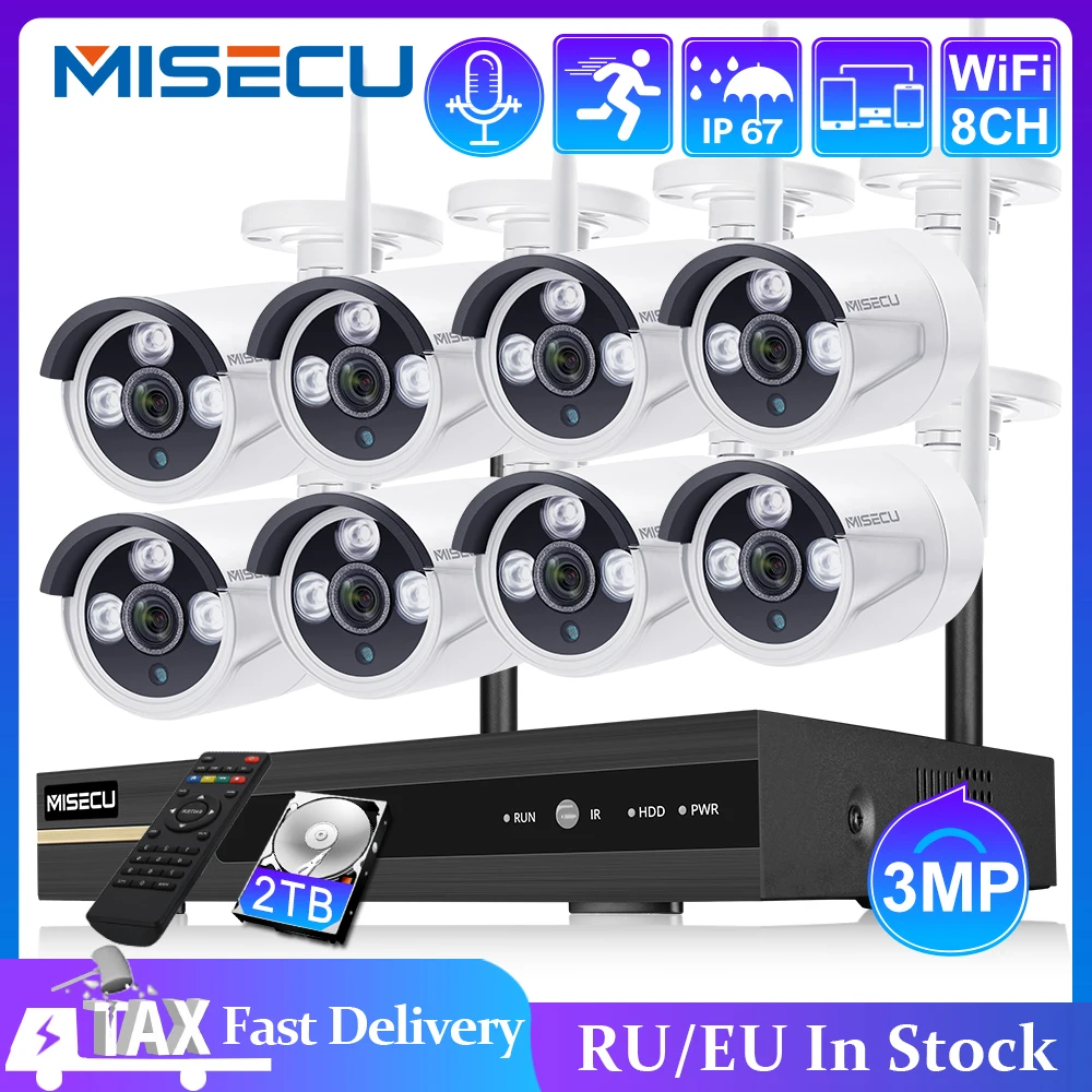 

Беспроводная система видеонаблюдения MISECU, 8 каналов, NVR, 3 Мп, уличная Водонепроницаемая P2P Wi-Fi IP-камера безопасности с записью звука, комплект...
