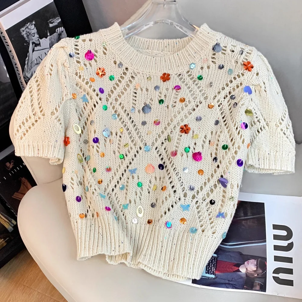Элегантный вязаный свитер с блестками пуловер Женский ажурный Топ коротким