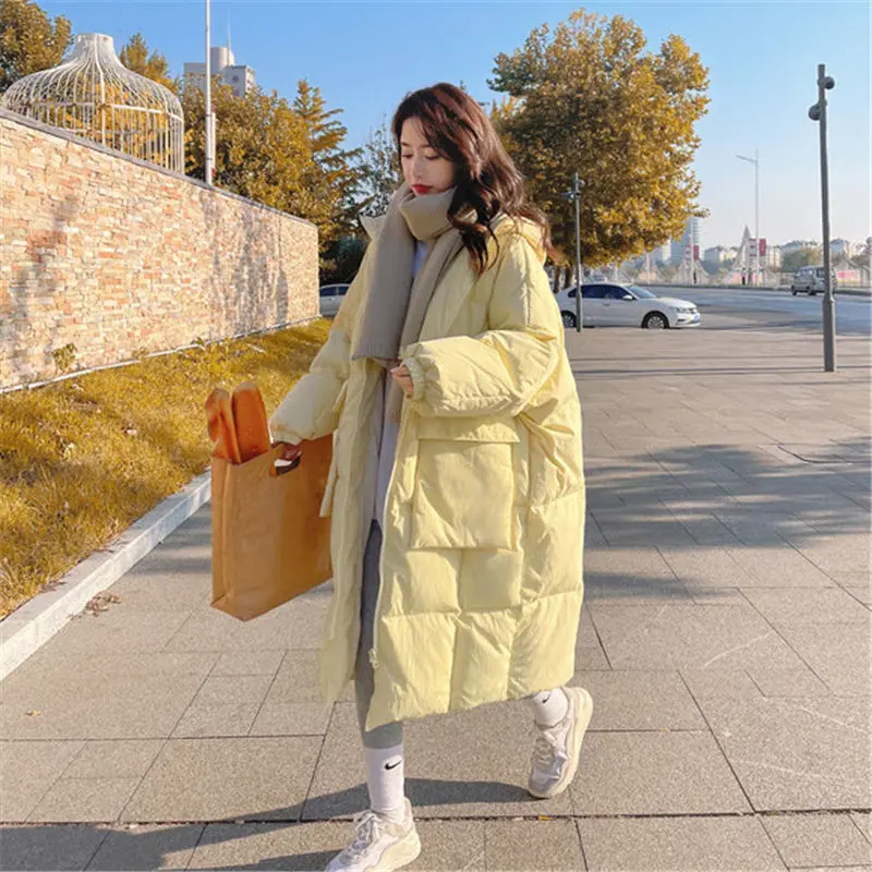 

Harajuku Fashion Mid-length Over-the-knee Winter Ladies Jacket Solid Color Lapel Commuter Coat Women Warm and Cold-proof Jacket