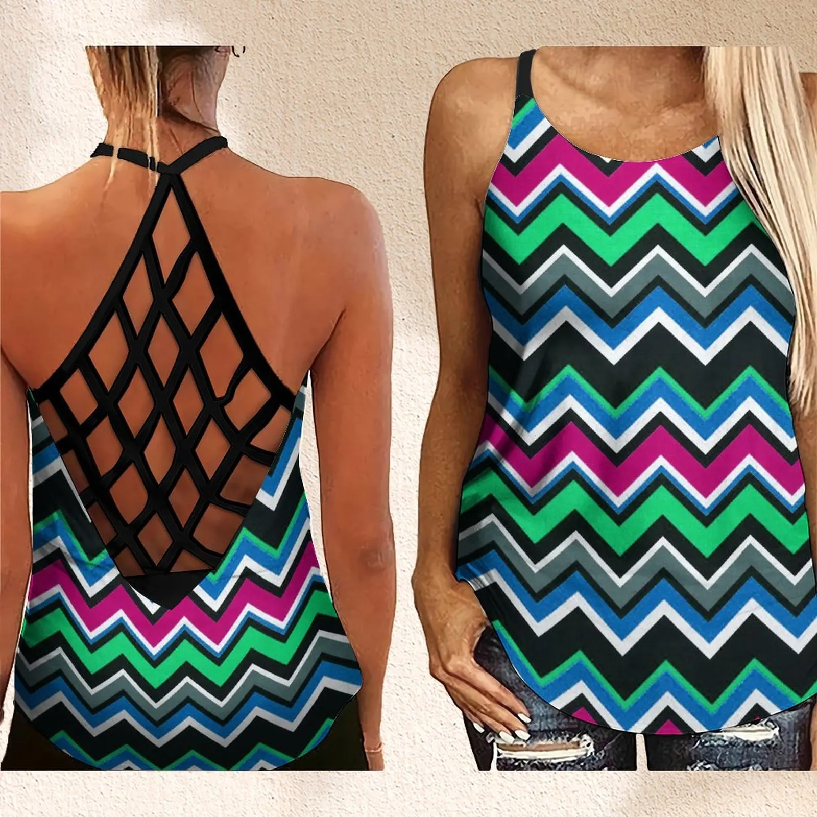 

Women's Fashion Backless Sleeveless Hollow Out Lines Rainbow Colorful Print Criss Cross Tank Top Y2k Top XS-8XL