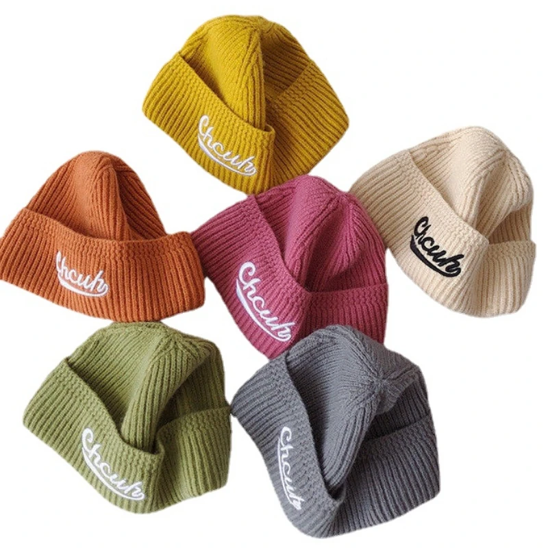 

Детская шапка, вязаная простая шапка для мальчиков и девочек, однотонная детская шапка большого и среднего размера из шерсти с вышивкой, шап...