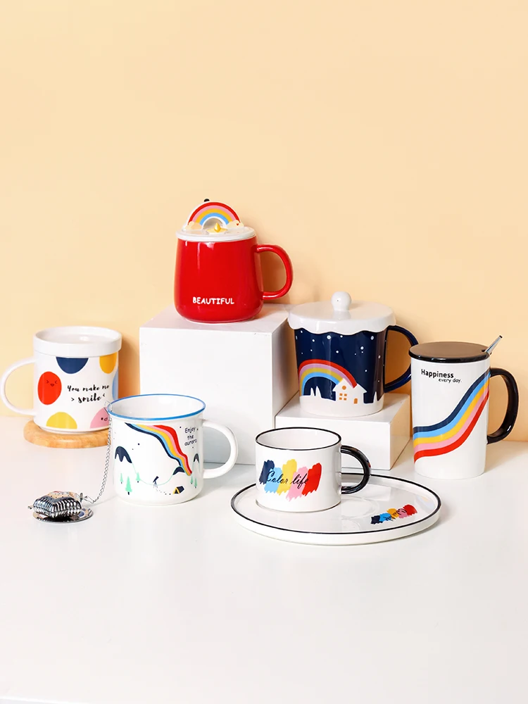 

Nordic ins coffee cup creative personality trend ceramic mug with lid spoon Office water cup cute coffee mugs and cups
