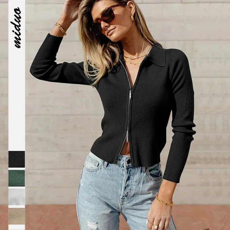 Fashion Women's Wear Autumn New Style Zipper Pit Strip Lapel Cardigan Jacket Small Fragrance All-match Knitted Sweater