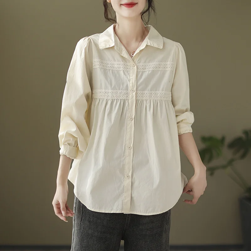 

Women Designer Cotton Shirts 2023 New Spring Casual Loose Long Sleeve Office Lady Lace Blouse Tops Female Oversized Blouses