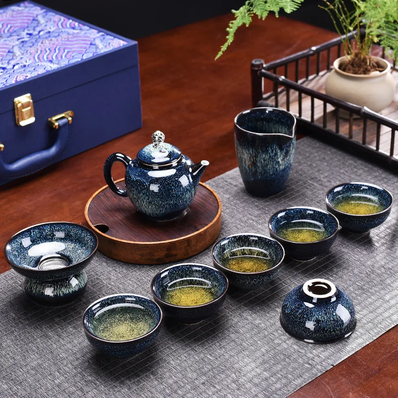 

Chinese Luxury Kung Fu Tea Set Handmade Ceramic Fine Bone Clay Tea Pot and Cup Set Home Office Colorful Wire Drawing