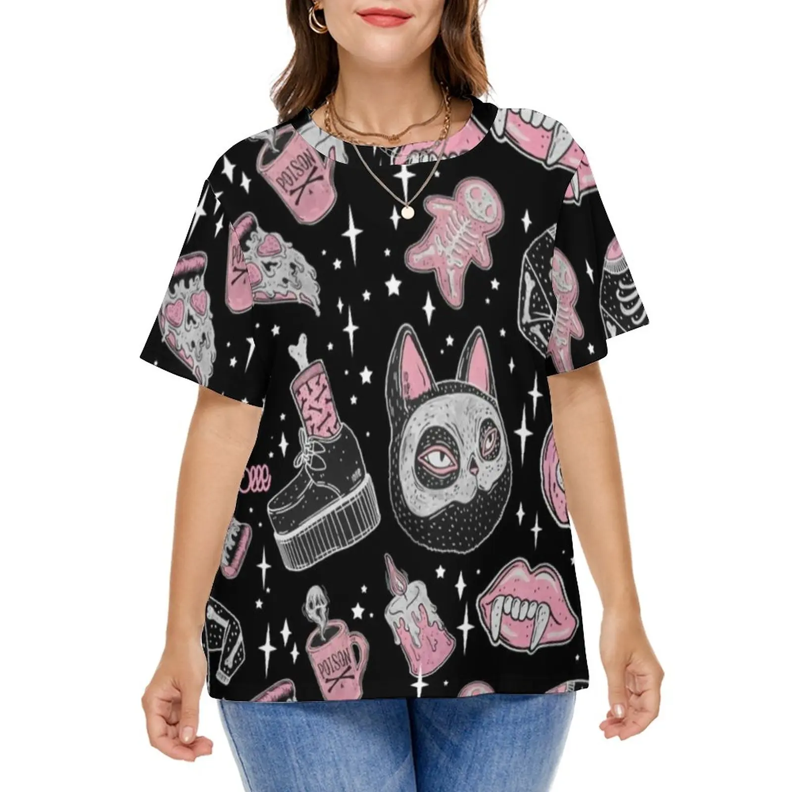 Spooky Skeleton T Shirts Pumpkin Spooks and Creeps Streetwear T-Shirt Short-Sleeve Women Modern Tee Shirt Print Tees Plus Size
