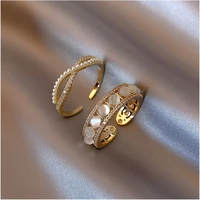 rings pearl women ring stainless steel jewelry zircon open ring adjustable temperament luxury accessories small gift