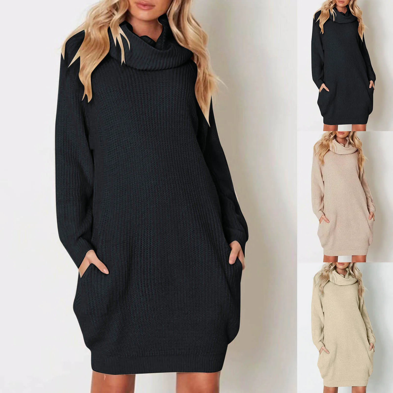 

Women Sweater Dress Turtleneck Long Sleeves Pullover Knitted Sweater Loose Dress