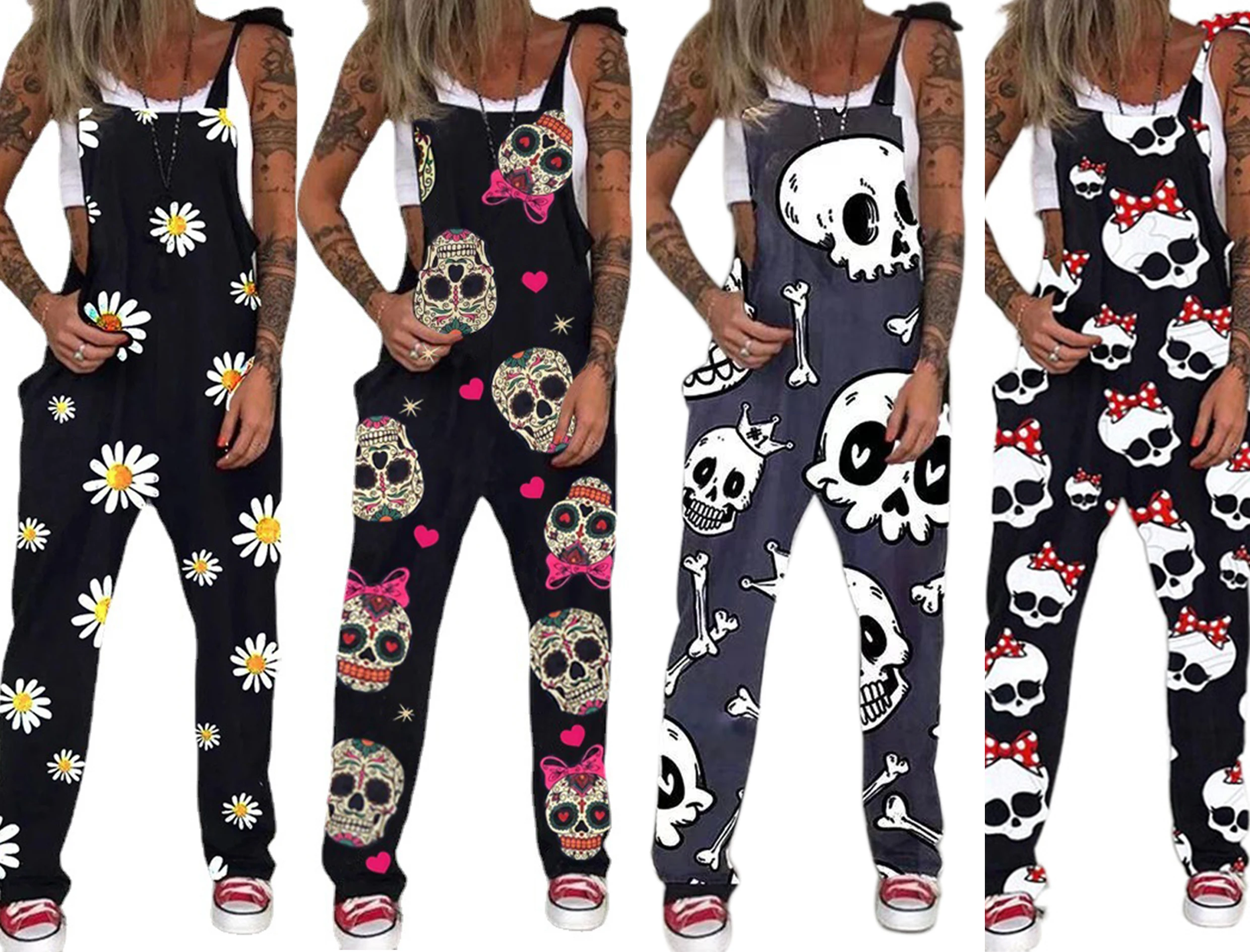 

New women's Jumpsuit straight tube skull head chrysanthemum thin pants bandage jumpsuit plus size overalls jumpsuit clubwear