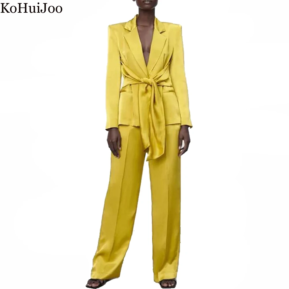 KoHuiJoo Two Piece Set Woman Elegant Business Suits for Women 2022 Spring Fall Formal Office Lady Satin Suit Coat Straight Pants