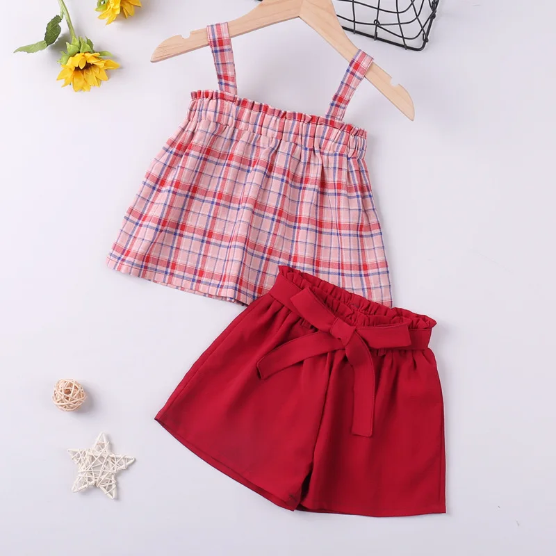 

2022 New Fashion Girls Clothing Suit Bib Vest Plaid Top Short Casual 2 Piece Girls Clothes Set Children Clothing Set