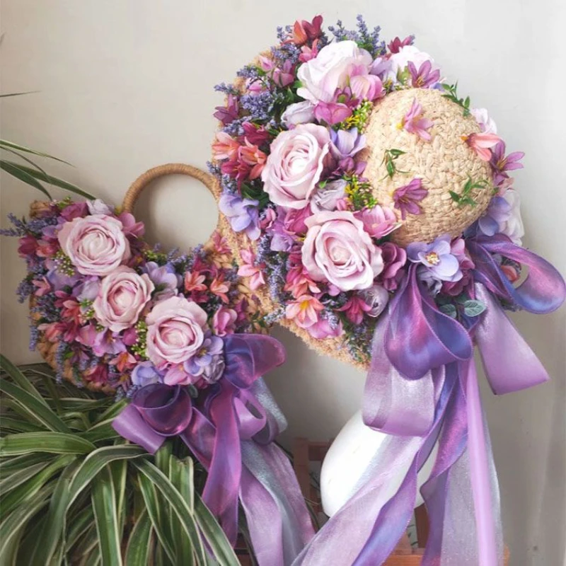 

Соломенная шляпа с цветами ручной работы, большая Солнцезащитная дышащая пляжная туристическая сумочка из натуральной травы, различные цвета