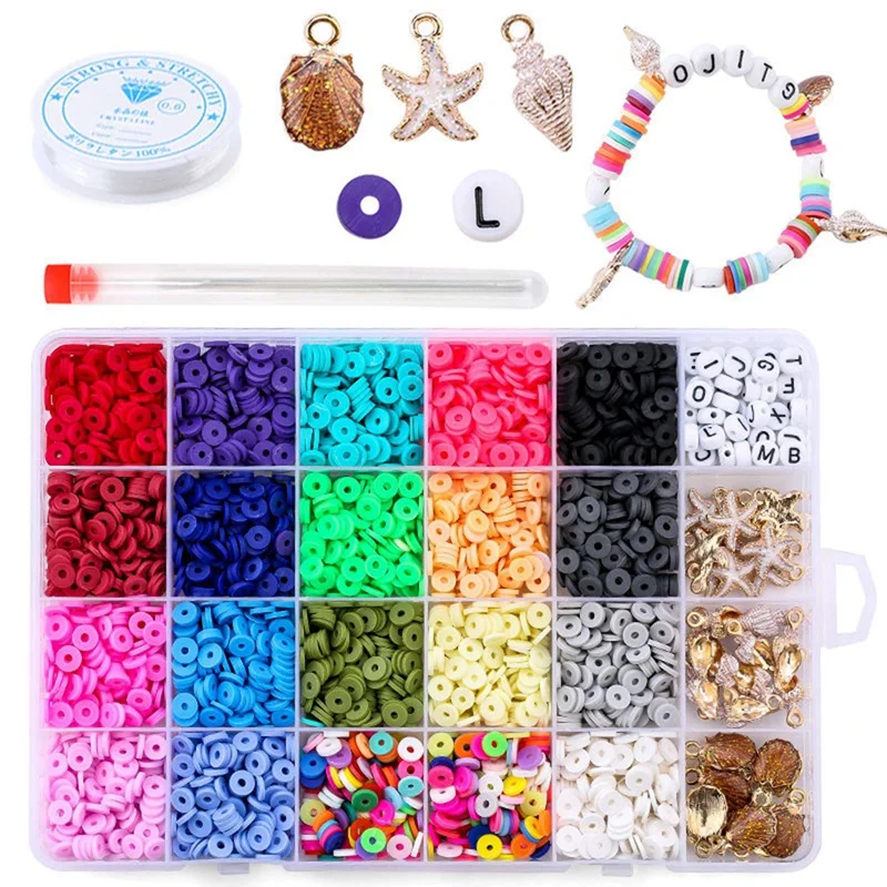 

BMBY-6Mm Flat Round Polymer Clay Spacer Beads For Jewelry Making, Bracelets, Necklaces, Earrings, DIY Craft Kit With Pendants