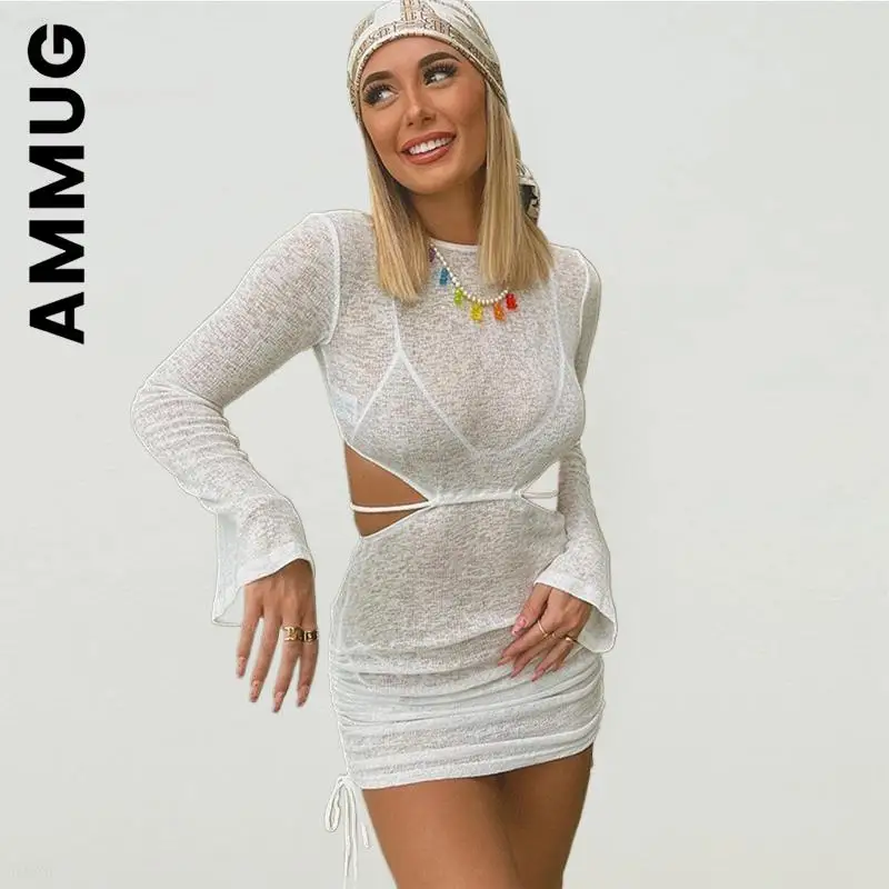 

Женское модное белое платье Ammug с длинным рукавом, сексуальное пляжное платье для вечеринки, шикарный халат, базовые Клубные платья для женщ...