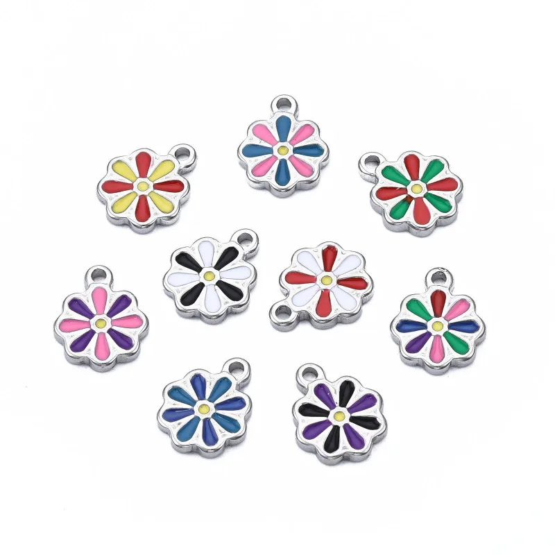 

50pcs Small 304 Stainless Steel Charms with Enamel Flower Pendants for Jewelry Making DIY Bracelet Necklace 12.5x10x2mm